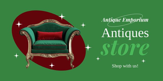 Antiques Store Promotion With Luxurious Armchair Twitter Modelo de Design