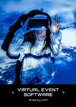 Designvorlage Frau in VR-Brille auf virtuellem Event für Postcard A6 Vertical