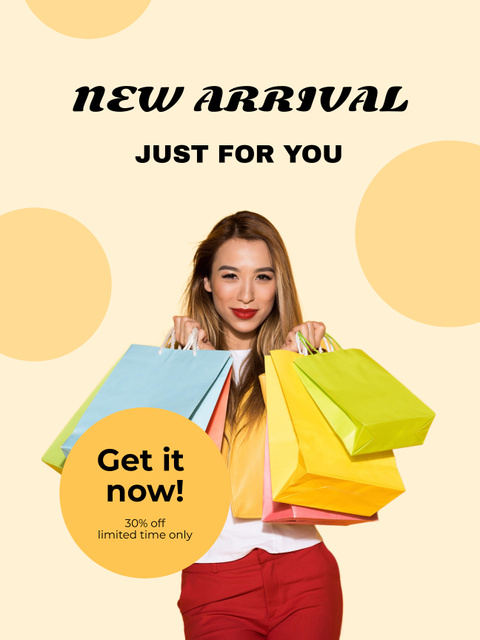 Ontwerpsjabloon van Poster US van Sale Offer with Smiling Woman with Colorful Shopping Bags