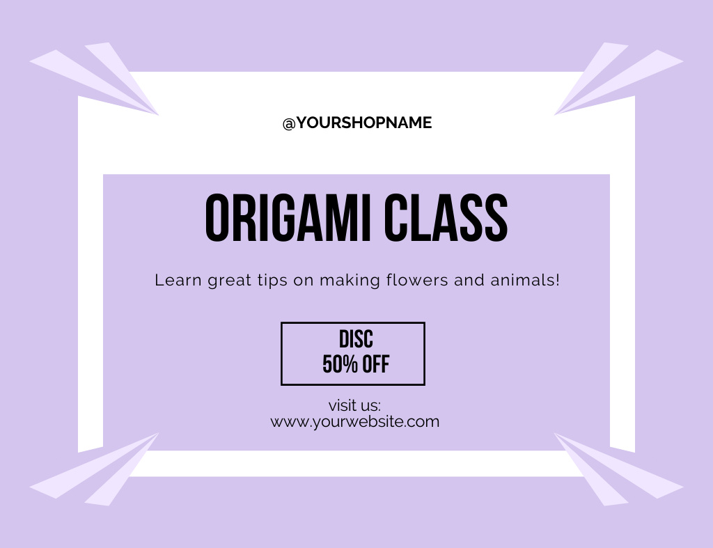 Origami Class Ad on Pastel Violet Thank You Card 5.5x4in Horizontal Design Template