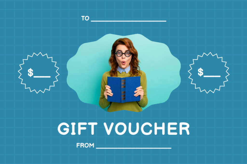 Special Offer from Bookstore with Woman in Glasses with Book Gift Certificate Design Template