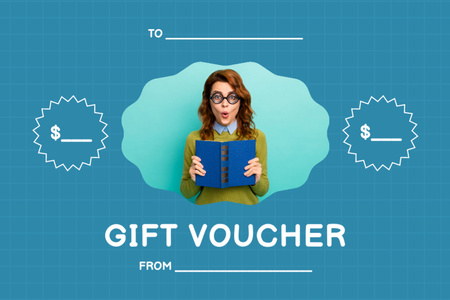 Platilla de diseño Special Offer from Bookstore with Woman in Glasses with Book Gift Certificate