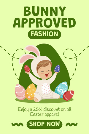 Plantilla de diseño de Venta de moda de Pascua con un niño lindo disfrazado de conejito Pinterest 