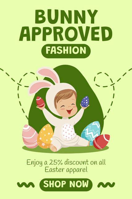 Easter Fashion Sale with Cute Kid in Bunny Costume Pinterest Design Template