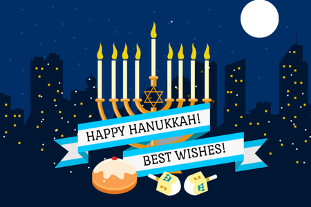 Happy Hanukkah greeting with Menorah and Night city Postcard 4x6in Design Template