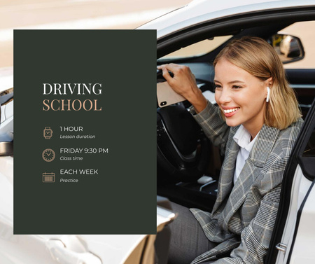 Smiling Woman at driving courses Facebook Design Template