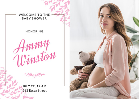 Plantilla de diseño de Cute Baby Shower Announcement for Girl With Toy Postcard 5x7in 