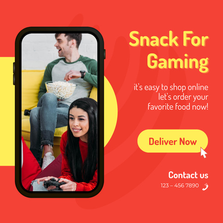 Food Delivery Service Offer with Offer of Snacks for Gaming Instagram AD Design Template