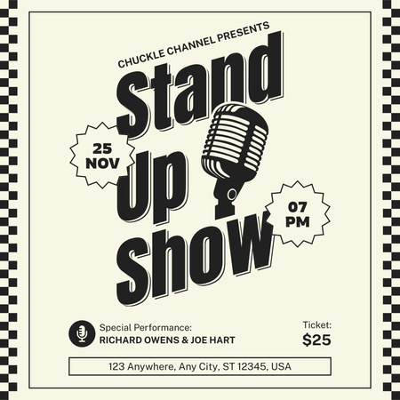 Plantilla de diseño de Anuncio de espectáculo de stand up en blanco y negro Instagram 