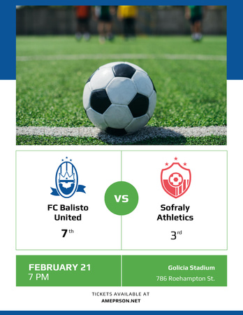 Soccer Match Announcement with Ball on Green Lawn Poster 8.5x11in Design Template