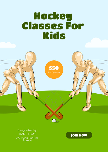 Wooden Human Mannequins Playing Field Hockey Poster Design Template