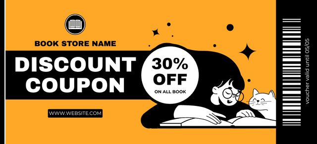 Bookstore Discount Voucher with Girl and Cat Coupon 3.75x8.25in Design Template