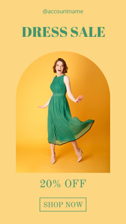 Fashion Sale Announcement with Woman in Green Dress Instagram Story Modelo de Design