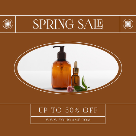 Designvorlage Frühjahrsverkauf von Hautpflegekosmetik mit Lotion und Serum in Braun für Instagram AD