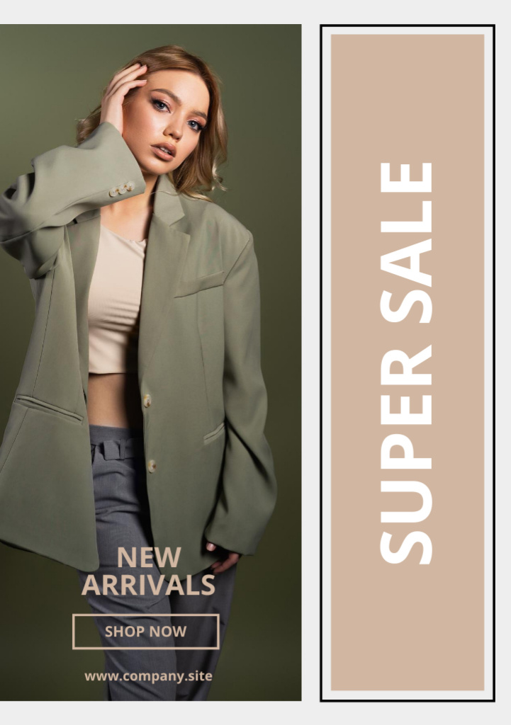 Template di design Fashion Collection Super Sale with Stylish Woman in Blazer Flyer A5