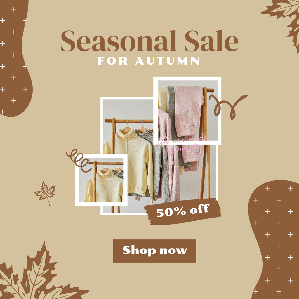 Template di design Seasonal Sale of Clothes for Fall on Beige Instagram