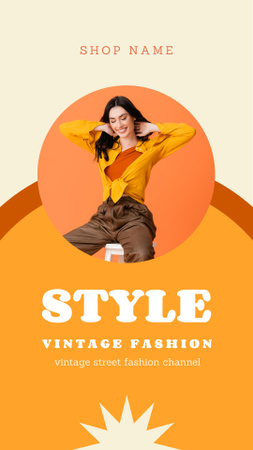 Muotialennusilmoitus, jossa on nainen vintage-vaatteissa Instagram Story Design Template