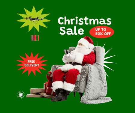 Designvorlage Ankündigung des Weihnachtsverkaufs mit dem Weihnachtsmann auf dem Sessel für Facebook