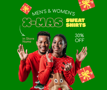 Couple in Festive Christmas Sweaters Facebook Design Template