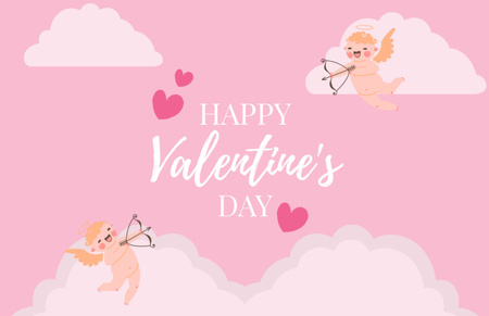Happy Valentine's Day Greeting with Cute Cupids on Pink Thank You Card 5.5x8.5in Design Template