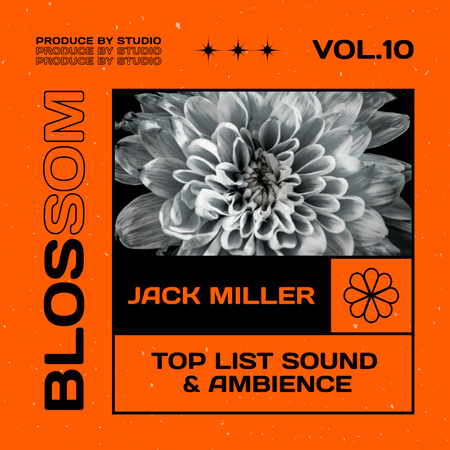 Template di design Vivace composizione arancione con titoli, elementi grafici e foto in bianco e nero del fiore Album Cover