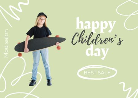 Little Girl with Skateboard on Children's Day Card Tasarım Şablonu