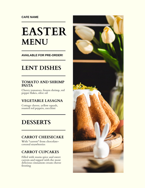 Plantilla de diseño de Offer of Easter Meals with Sweet Cake and Flowers in Vase Menu 8.5x11in 