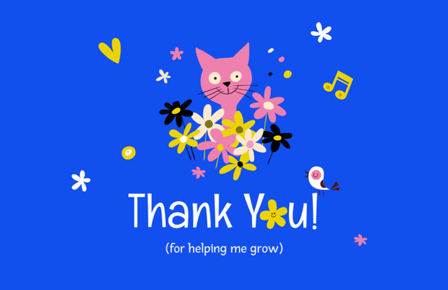 Thankful Phrase with Cute Cat in Flowers Thank You Card 5.5x8.5in Tasarım Şablonu
