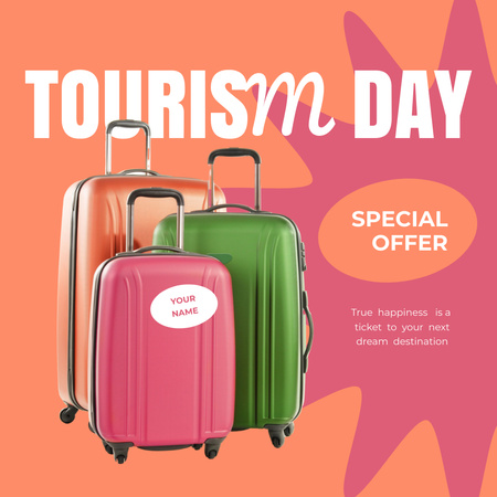 Designvorlage Ankündigung der Feier zum Tourismustag mit hellen Koffern für Instagram AD
