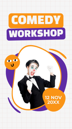 Anúncio de Workshop de Comédia com Homem em Maquiagem de Pantomima Instagram Story Modelo de Design