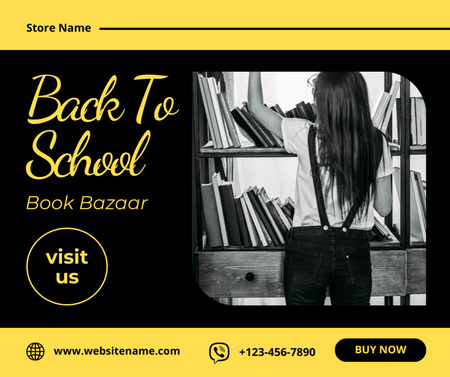 Ontwerpsjabloon van Facebook van Aankondiging van de bazaar van het schoolboek op zwart