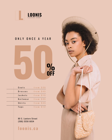 Fashion Store Sale with Woman in Stylish Hat on Beige Poster 16x20in Design Template