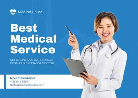 Szablon projektu Offer of Best Medical Services with Smiling Woman Doctor Card