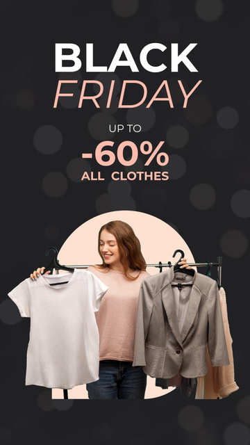 Black Friday Promo with Woman holding Clothes Instagram Video Story Design Template