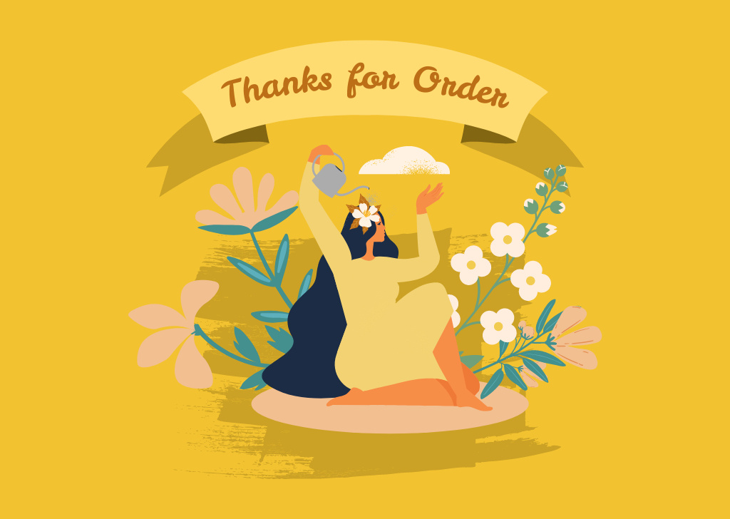 Plantilla de diseño de Thanks for Order Phrase with Woman and Flowers Card 