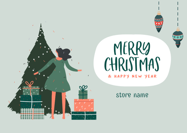 Christmas and New Year Congratulations with Cute Illustration Postcard 5x7in Design Template