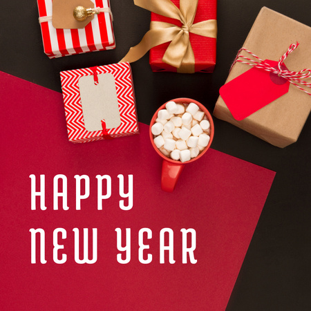 New Year Greeting with Presents in Red Instagram Tasarım Şablonu