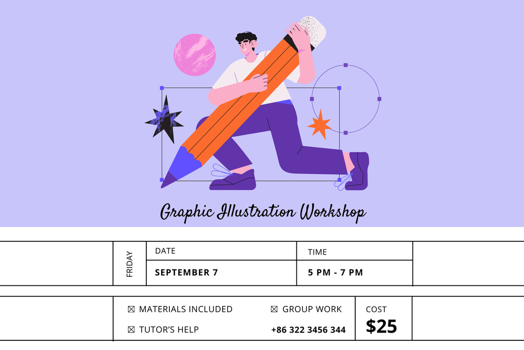 Designvorlage Illustration Workshop Ad with Man Holding Huge Pencil für Poster 24x36in Horizontal