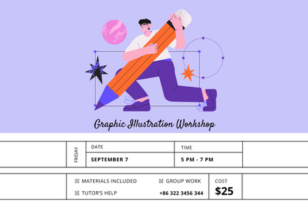 Illustration Workshop Ad with Man Holding Big Pencil Poster 24x36in Horizontal tervezősablon