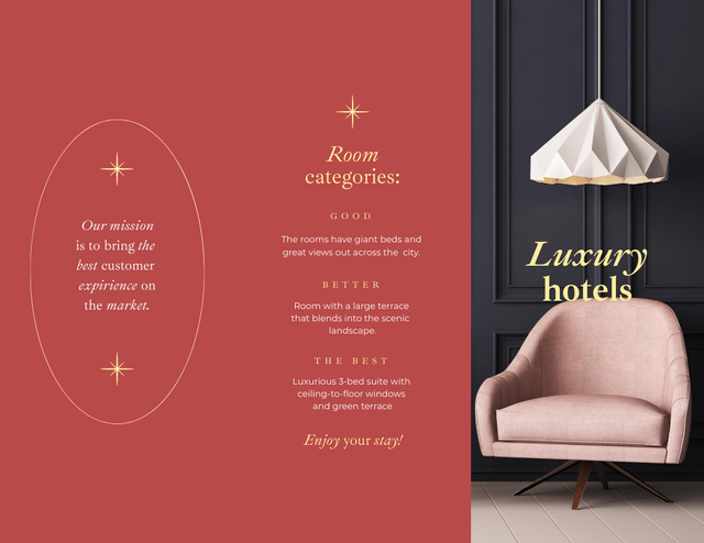 Luxurious Hotels Promotion With Armchair And Lamp Brochure 8.5x11in Z-fold Modelo de Design