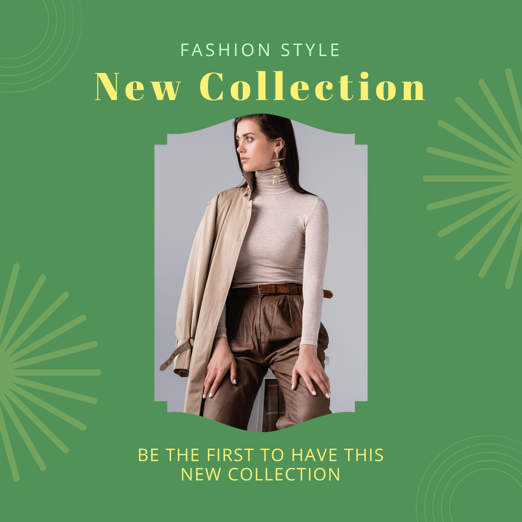 Fashion Female Clothes Ad with Woman on Green Instagramデザインテンプレート