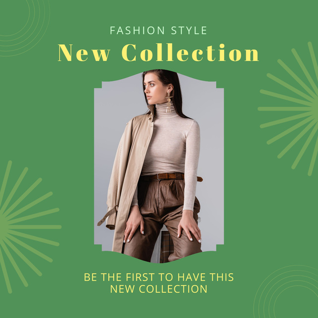 Designvorlage Fashion Female Clothes Ad with Woman on Green für Instagram