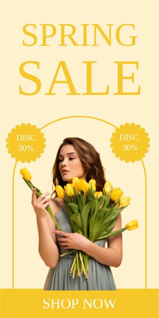 Spring Sale with Young Woman with Bright Yellow Tulips Graphic Design Template