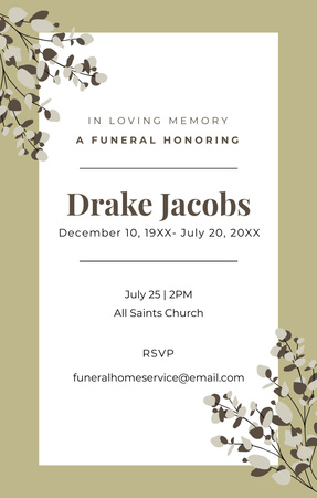 Memorial Service Alert with Spring Branches Invitation 4.6x7.2in Design Template