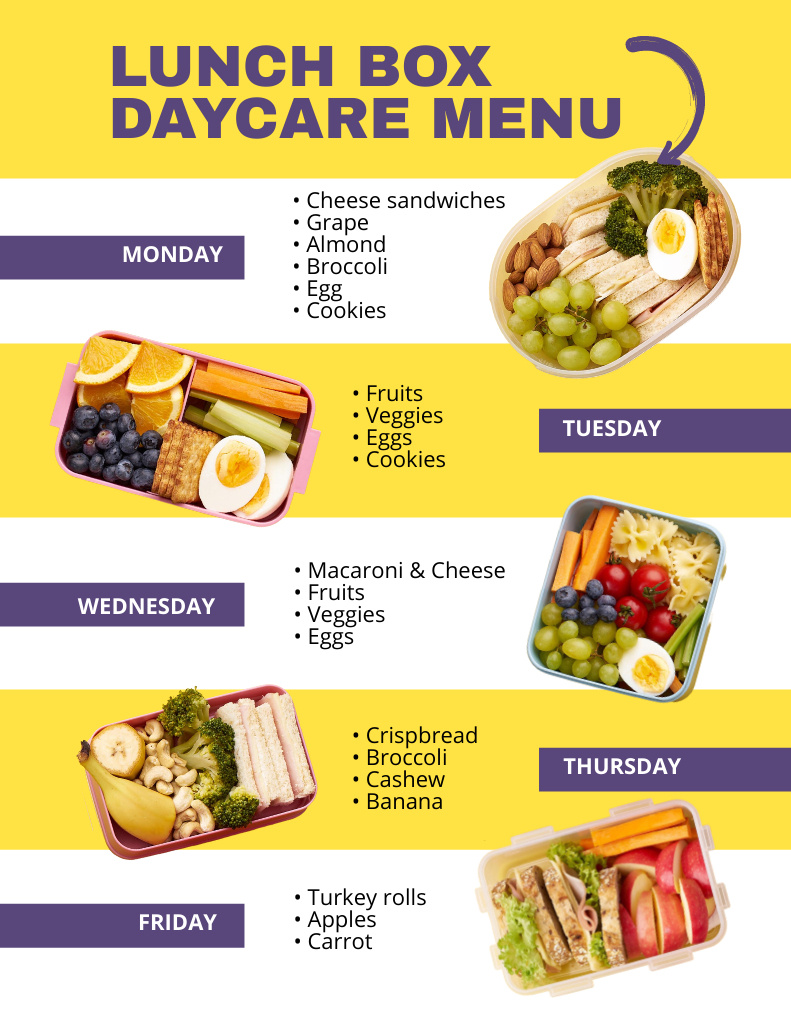Lunch Box Daycare Menu With Description Menu 8.5x11in Design Template