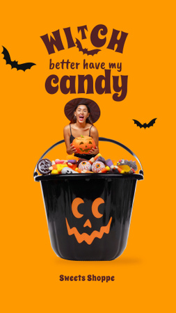 Funny Girl in Witch Costume sitting in Bucket of Sweets Instagram Story Šablona návrhu