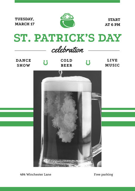 Patricks Day Celebration with Glass of Cold Beer Poster A3 Design Template
