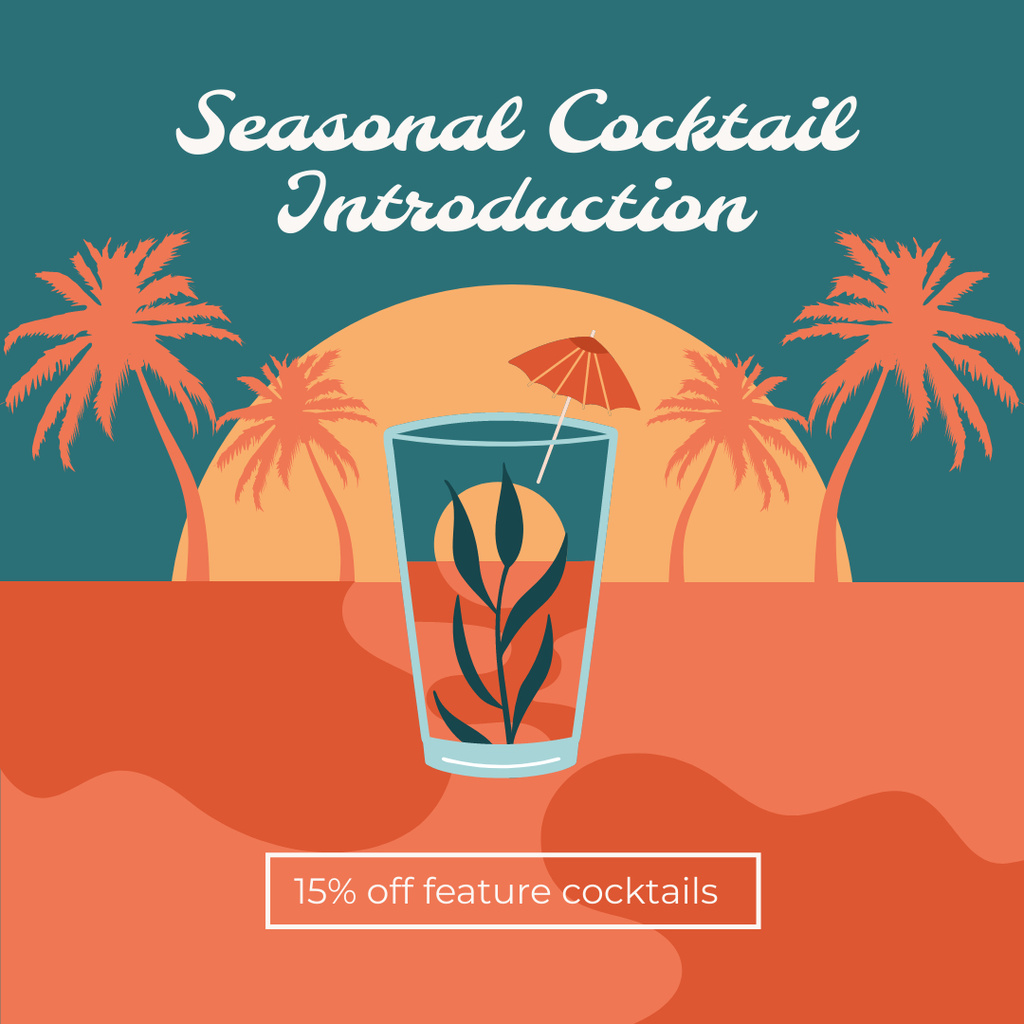 Introducing New Cocktail for Beach Season with Palm Trees Illustration Instagram AD – шаблон для дизайна