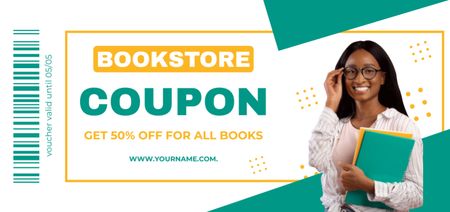 Bookstore's Discount Voucher with Smilling Woman Coupon Din Large – шаблон для дизайну