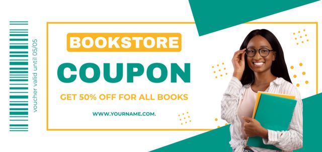 Template di design Bookstore's Discount Voucher with Smilling Woman Coupon Din Large